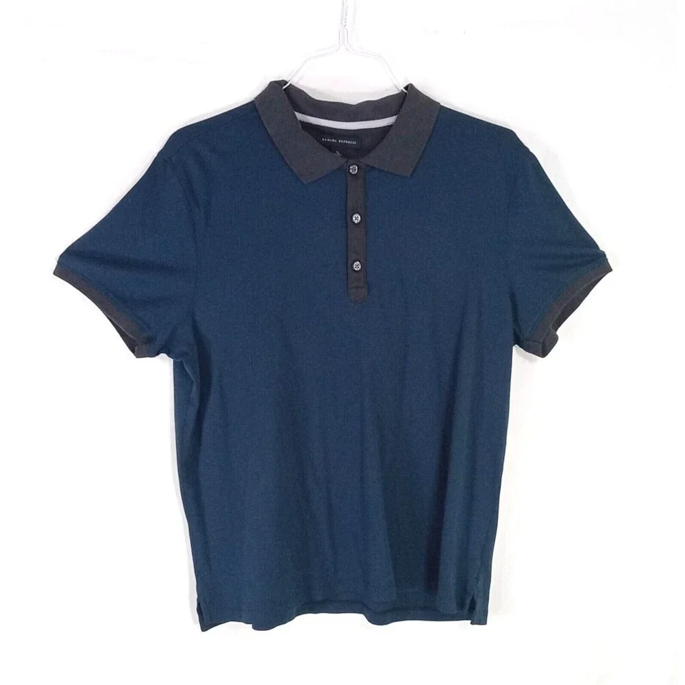 Banana Republic Mens‎ XL Polo Short Sleeve Navy Blue Gray Collar 100% Cotton Lux